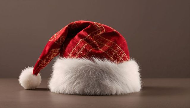 Luxurious Red Velvet Santa Hat with Faux-Fur Trim and Gold Thread Accents