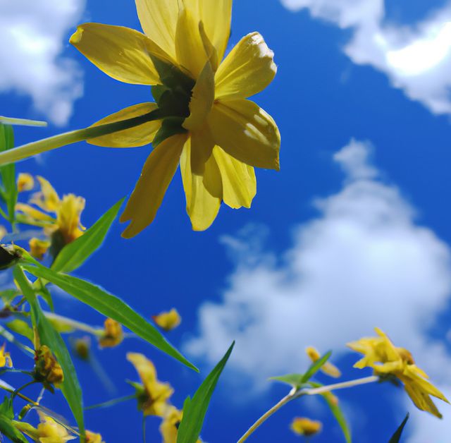 This image captures yellow flowers blooming against a clear blue sky with scattered clouds, creating a vibrant and fresh summer scene. Perfect for use in nature blogs, garden magazines, seasonal greeting cards, and websites promoting outdoor activities and wellness.