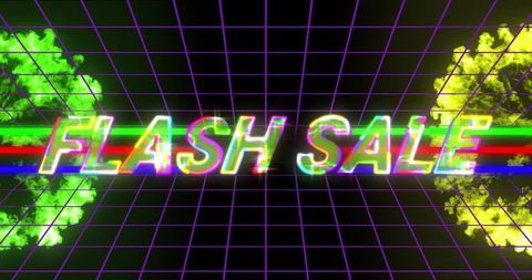 Flash Sale Promotion in Neon Gaming Style with Digital Explosions