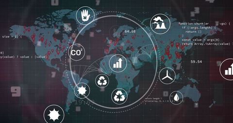 Global data network with eco and technology icons on world map