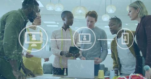 Diverse business team collaborating with digital connection overlays