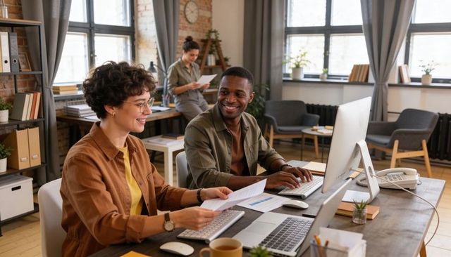 Collaborating coworkers sharing documents and typing in bright loft office workspace