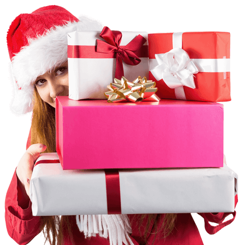 Transparent holiday cheer with woman holding gift boxes