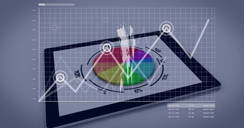 Tablet Dashboard Displaying Colorful Pie Chart with Dart Target and Rising Line Graph