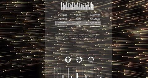 Futuristic Holographic HUD Dashboard in Neon Data Tunnel with Waveform and Bar Charts
