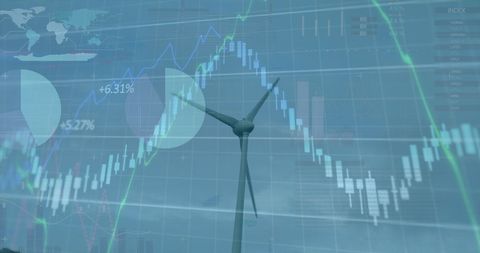 Wind Turbine with Financial Chart Overlay Symbolizing Sustainability