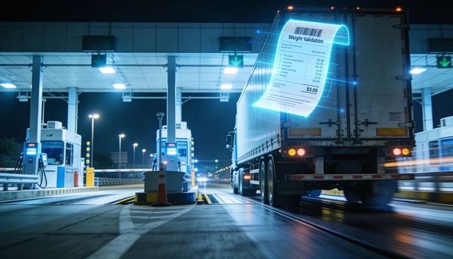 Freight truck passing toll plaza at night with holographic weight receipt and sensors