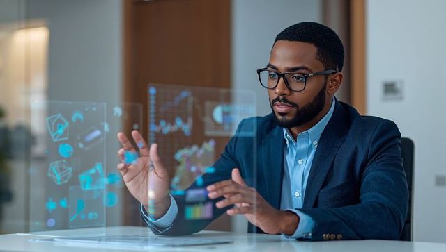 Interacting with holographic data dashboard using touch controls in modern office