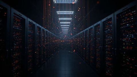 Futuristic data center corridor with glowing data particles