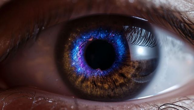 Macro closeup human eye showing brown iris with blue-purple nebula ring and tear film
