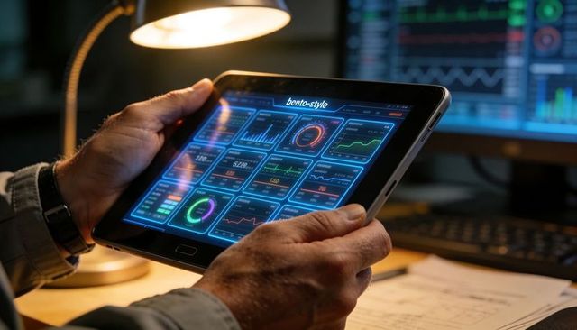 Man Holding Tablet Showing Bento-Style Data Dashboard and Analytics at Workstation