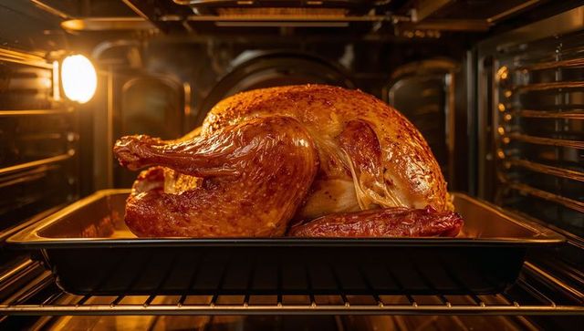 Golden roasted turkey browning in oven tray collecting juices for holiday feast