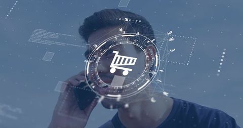 Man holding phone using augmented reality e-commerce interface with shopping cart hud