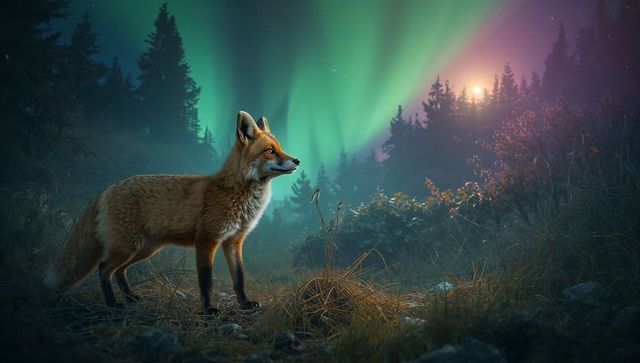 Standing red fox under northern lights in moonlit boreal forest clearing with aurora sky