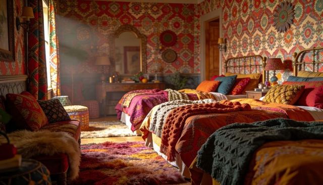 Sunlit bohemian bedroom with triple brass beds, patterned quilts and layered textiles