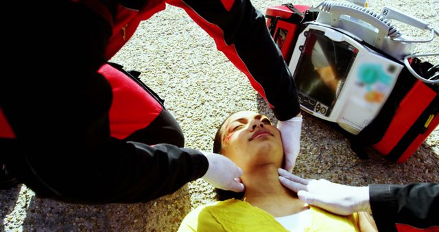 EMTs Checking Pulse of Unconscious Woman Outdoors - Download Free Stock Images Pikwizard.com