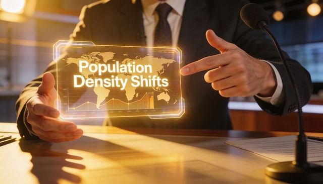 Business presenter pointing at holographic world map displaying population density shifts