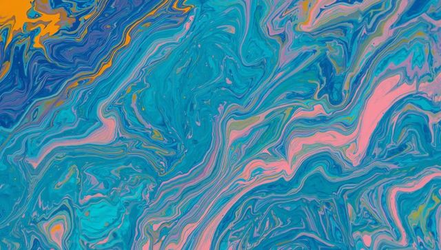 Abstract marbled composition with turquoise and pink swirls