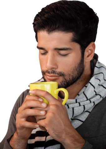 Young Man Savoring Aroma of Coffee from Yellow Mug Transparent Background - Download Free Stock Videos Pikwizard.com