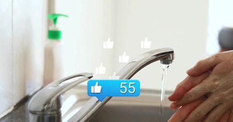 Hands Washing Under Faucet with Soap Dispenser and Like Counts