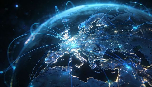 Neon europe night network connecting cities with glowing data arcs and illuminated nodes