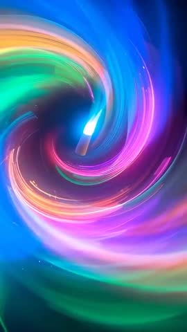 Vertical neon vortex spiraling into electric blue core with glowing chromatic streaks