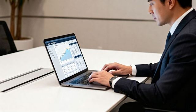 Businessman working on laptop analyzing financial dashboard at modern conference table