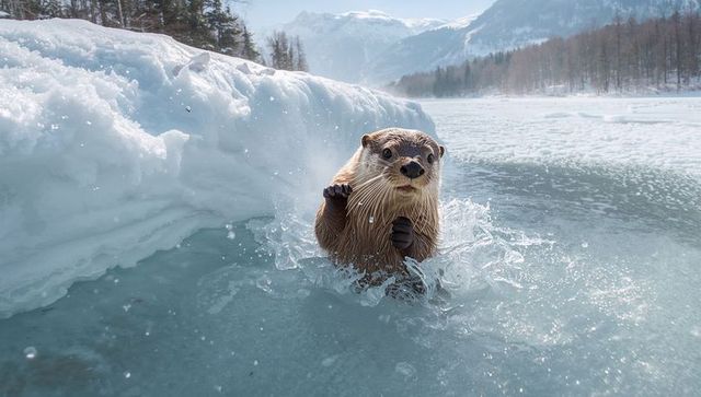 River otter emerging from ice hole splashing through frozen lake with mountain backdrop
