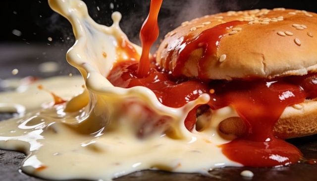 Ketchup pouring and cheese sauce splashing over juicy burger close-up with sesame bun
