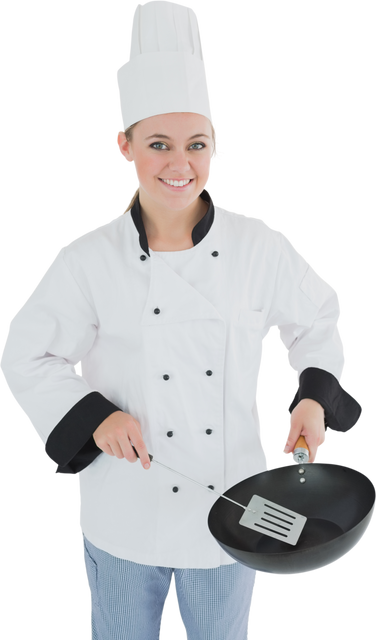 Transparent Portrait of Happy Female Chef Holding Spatula and Frying Pan - Download Free Stock Videos Pikwizard.com