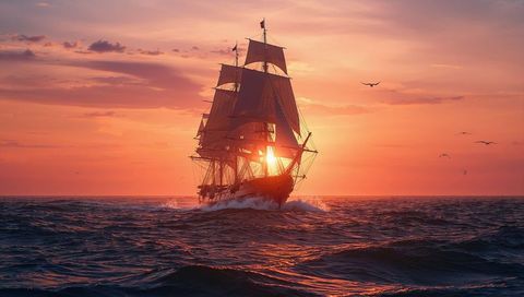 Sailing Ship at Sea Sunset with Red Sails and Seagulls