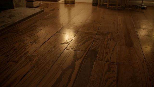 Warm Patinated Hardwood Floor Showing Deep Woodgrain, Scratches, Seams, Soft Reflections