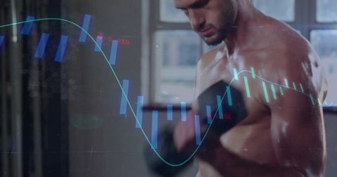 Shirtless man curling dumbbell with cyan analytics waveform and candlestick chart overlay