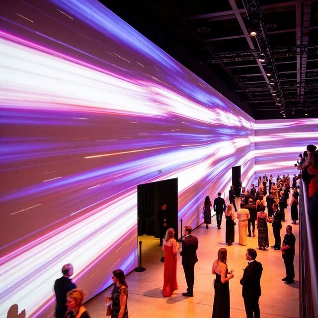 Immersive light projection wrapping gallery corner during elegant gala with guests filming