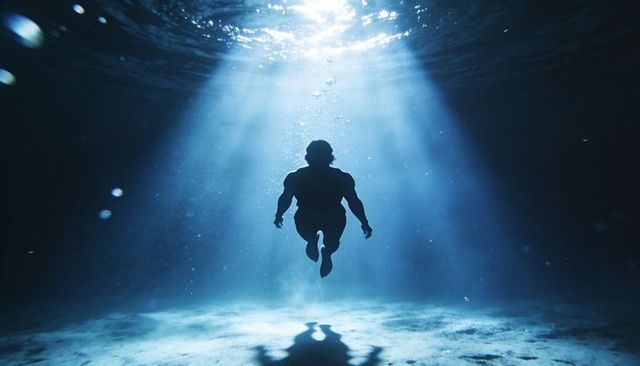 Silhouetted swimmer ascending through dramatic sunbeams underwater with bubbles and shadow