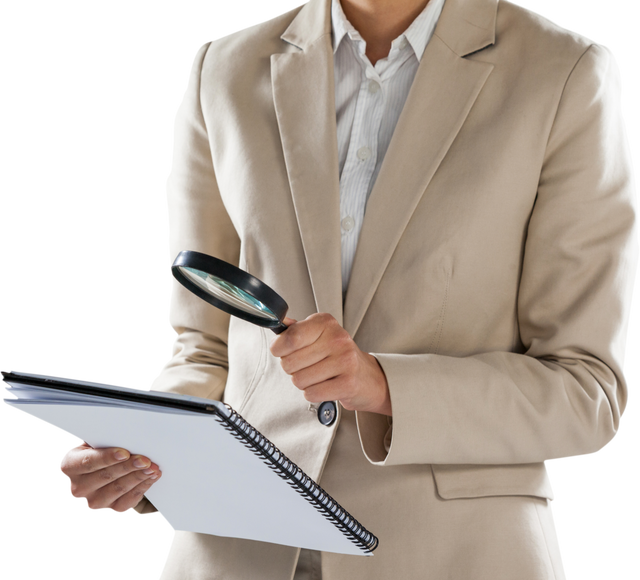 Businesswoman Examining Document Using Magnifying Glass Transparent Background - Download Free Stock Videos Pikwizard.com