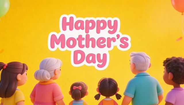 Multigenerational family celebrating mother's day with colorful balloons on yellow backdrop