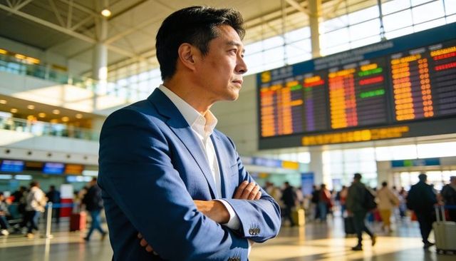 Asian executive in blue suit standing confidently at busy airport departure board