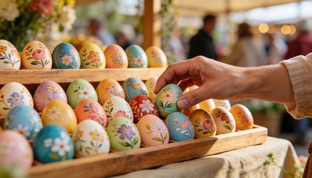 Hand placing hand-painted pastel floral Easter eggs on wooden market display