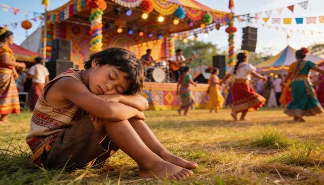Sleeping child at colorful folk festival with dancers and musicians in golden light