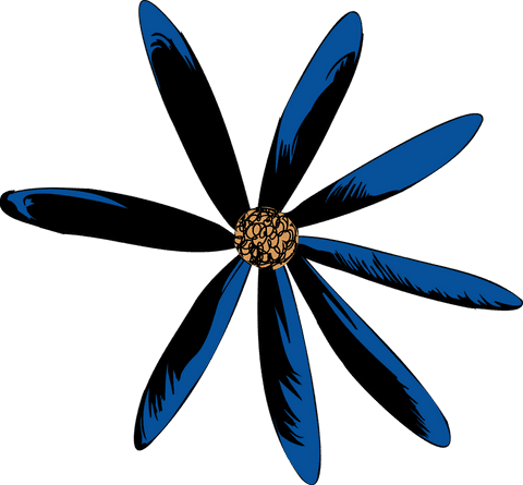 Elegant Blue and Black Botanical Flower with Golden Center on Transparent Background