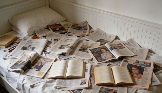 Scattered broadsheets and open books on white bed showcasing portrait journalism and reading