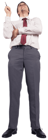 Caucasian Businessman Thinking Holding Pen on Transparent Background