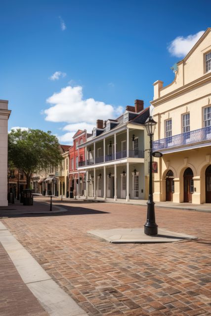 Historic street featuring vibrant buildings and classic architecture, perfect for travel blogs, tourism websites, or promotional materials about historic cities. Ideal for depicting culture, history, and urban life. Great for showcasing architectural beauty and vintage cityscapes.