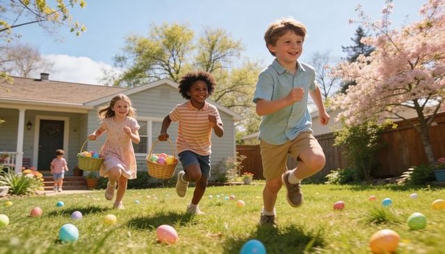 Children running through backyard during easter egg hunt with colorful eggs and baskets