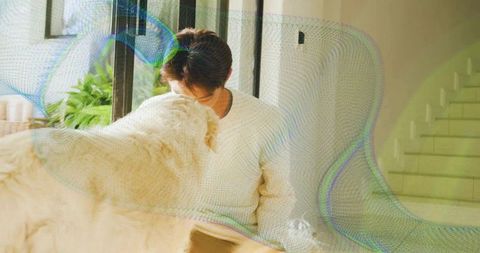 Man comfortably bonding with dog in sunlit living space