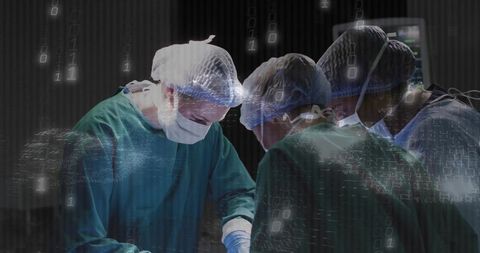 Surgical team performing precision operation with digital binary overlay in sterile OR