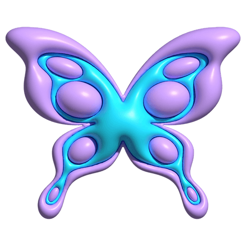 Transparent glossy 3d butterfly ornament in cyan and lavender silicone, symmetrical design