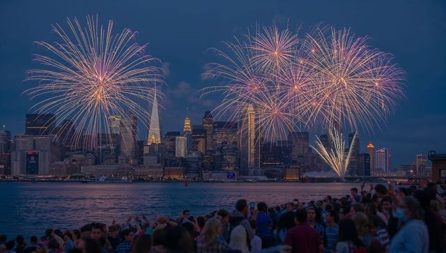 Dusk fireworks over urban skyline with crowded waterfront promenade and spectators