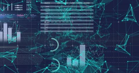 Futuristic Digital Analytics Display with Abstract Network Mesh